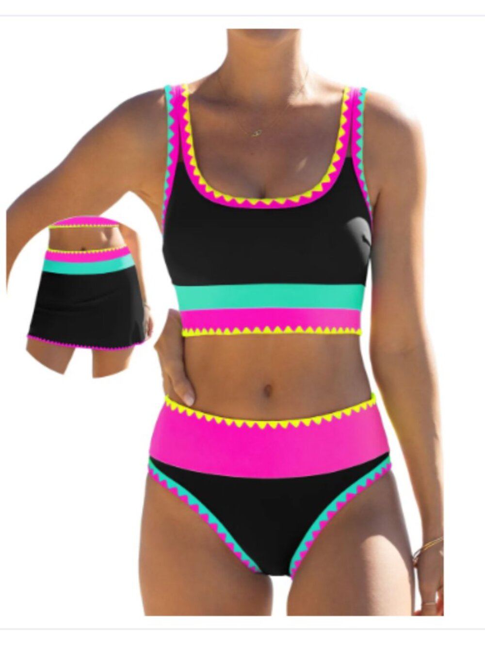 Popvil Black Pink Bright 3 Piece Bikini Swimsuit Set sz XXL NEW